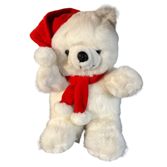 Vintage Cuddle Wit White Teddy Bear Plush Kids Stuffed Toy Animal Christmas Hat - Picture 1 of 3